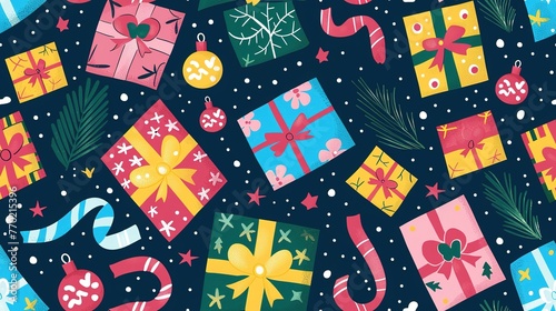 Colorful seamless pattern of wrapped Christmas gifts, ribbons, and bows on a festive background. Seamless Pattern, Fabric Pattern, Tumbler Wrap.