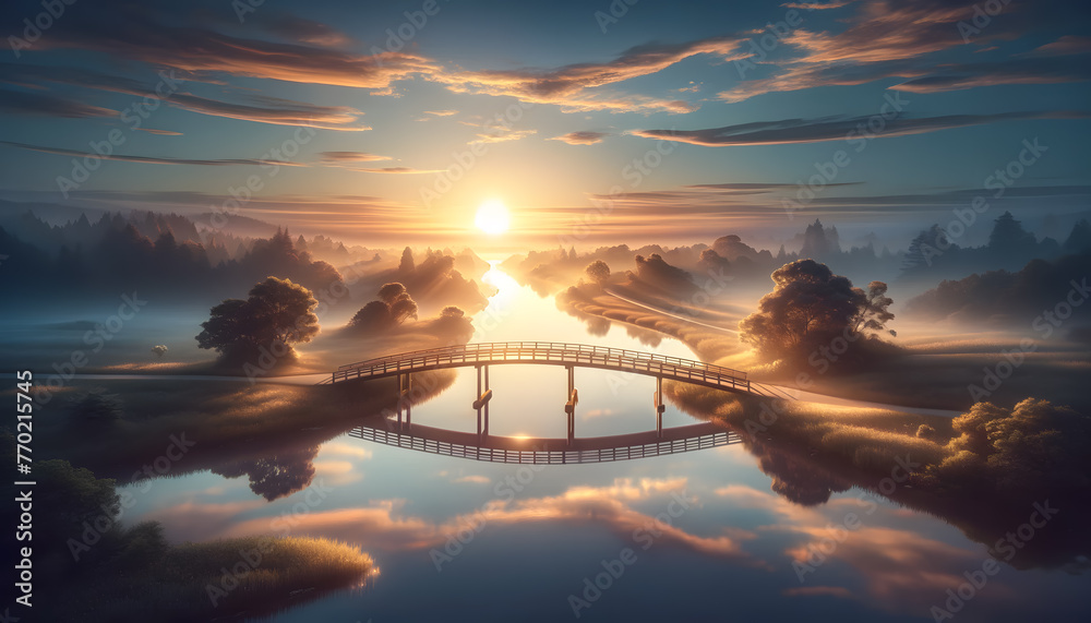 Sunrise beams through misty landscapes, reflecting off a serene river crossed by an arched bridge. - obrazy, fototapety, plakaty 