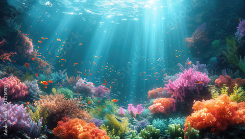 A beautiful underwater scene with vibrant coral reefs and colorful fish, illuminated in the style of sunlight filtering through the water's surface. Created with Ai