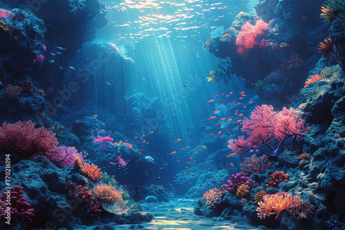 A beautiful underwater scene with colorful coral reefs and marine life, showcasing the beauty of oceanic life. Created with Ai