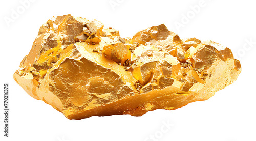 shiny gold nugget gleaming on white background or transparent PNG, symbol of wealth