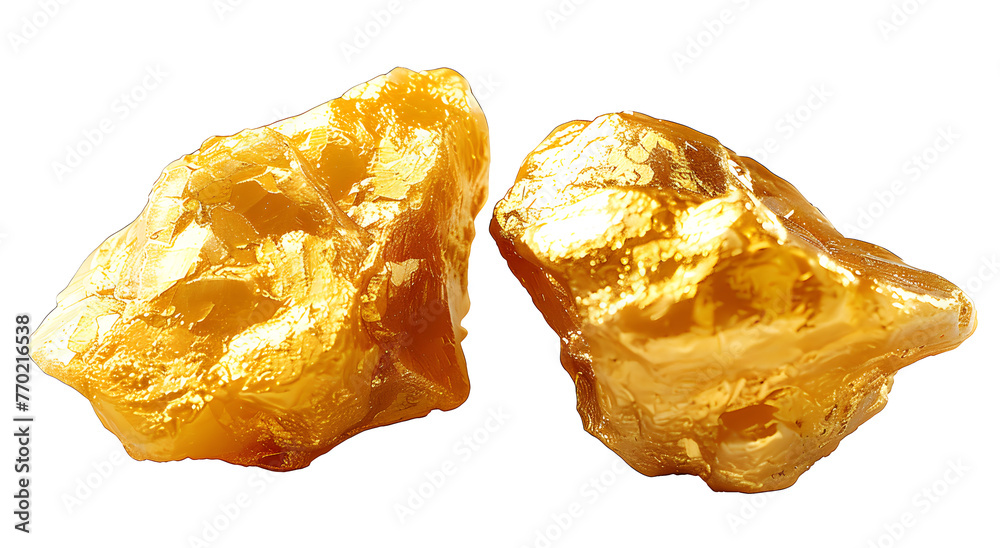 shiny gold nugget gleaming on white background or transparent PNG, symbol of wealth