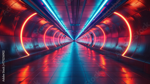 Futuristic cyber tunnel, geometric shapes, high contrast lighting, eye-level view,