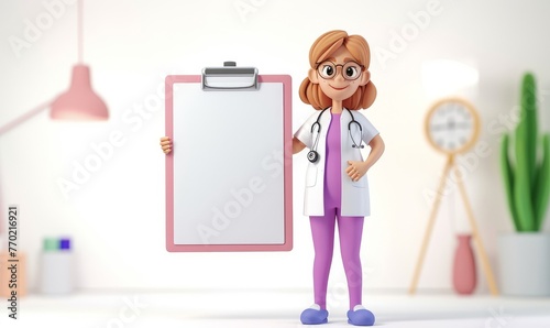 3d render. Woman doctor cartoon character stands near the big clipboard with white paper. Clip art isolated on white background. Professional medical consultation. Prescription blank, Generative AI 