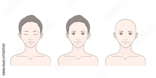 若い女性の顔セット（正面・閉眼・髪の毛なし）