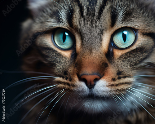 A closeup portrait of a tabby cat with beautiful bluegreen eyes The cat has a unique Mshaped marking on its forehead