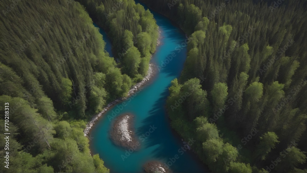 Beautiful river and forest, drone view