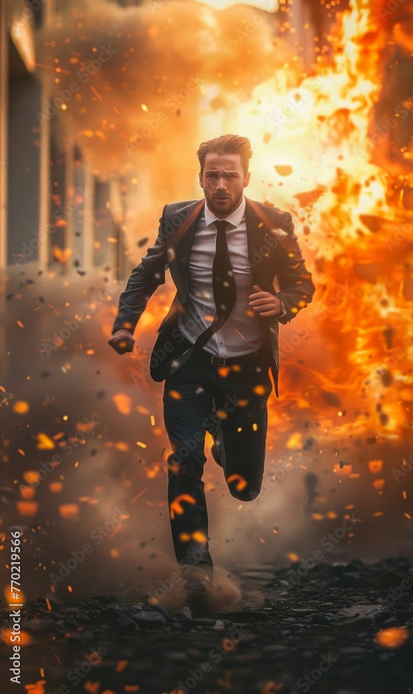 Fototapeta premium Man Escaping from Explosive Danger. Generative ai