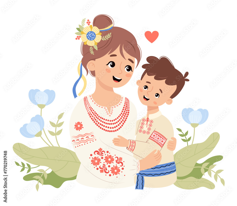 Cute happy Ukrainian woman mother and son in traditional clothes embroidered shirt with blue flowers. Vector illustration. Festive cultural national character family Cute happy Ukrainian woman mother and son in traditional clothes embroidered shirt with blue flowers. Vector illustration. Festive cultural national character family