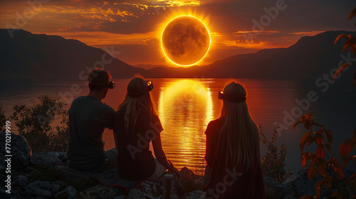 Group of friends watching the solar eclipse with special glasses sitting on top of a hill with a spectacular view of a lake.