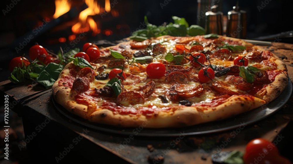 full pizza with vegetables and meat on wooden table with blur background