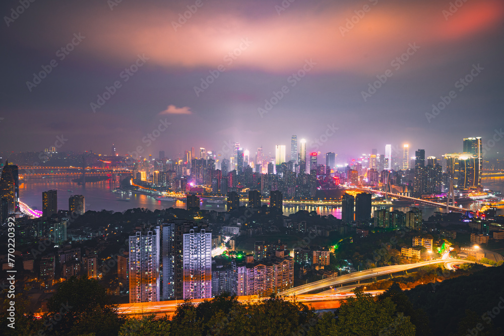 Obraz premium Panorama night view of Chongqing Nan An district. Background image