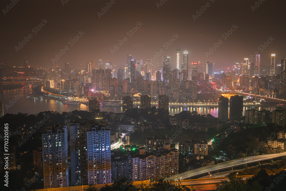 Night city architecture landscape and colorful lights in Chongqing