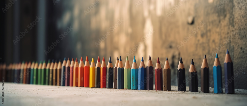 Colorful sharpened tip wooden pencils in a row against a shallow depth of field urban wall backdrop. Colorful sharpened tip wooden pencils in a row against a shallow depth of field urban wall backdrop.