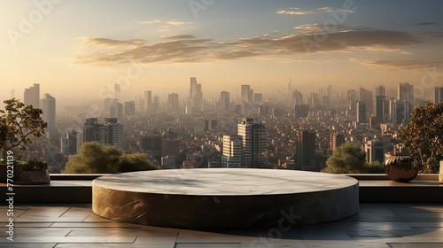 3d circle rock podium product stand or display with Sky and city background and cinematic light