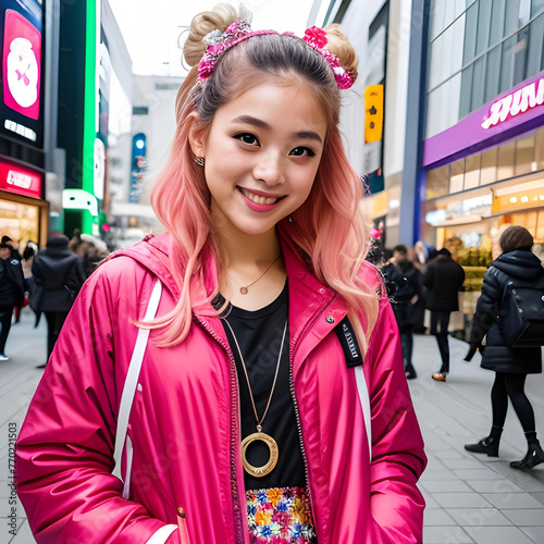 A cute image of a lovely asian lady with pink streaks on her hair,smiling sweetly photo