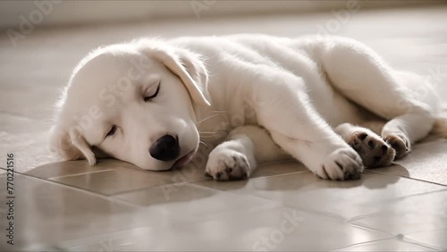 A delightful white puppy is seen taking a rest in the soft morning light, exuding a sense of peace and freshness