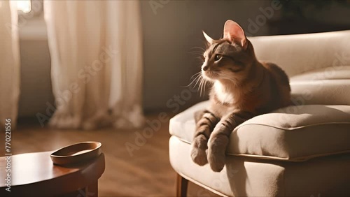 A charming feline is captured in a state of slumber, embodying tranquility and cuteness. photo