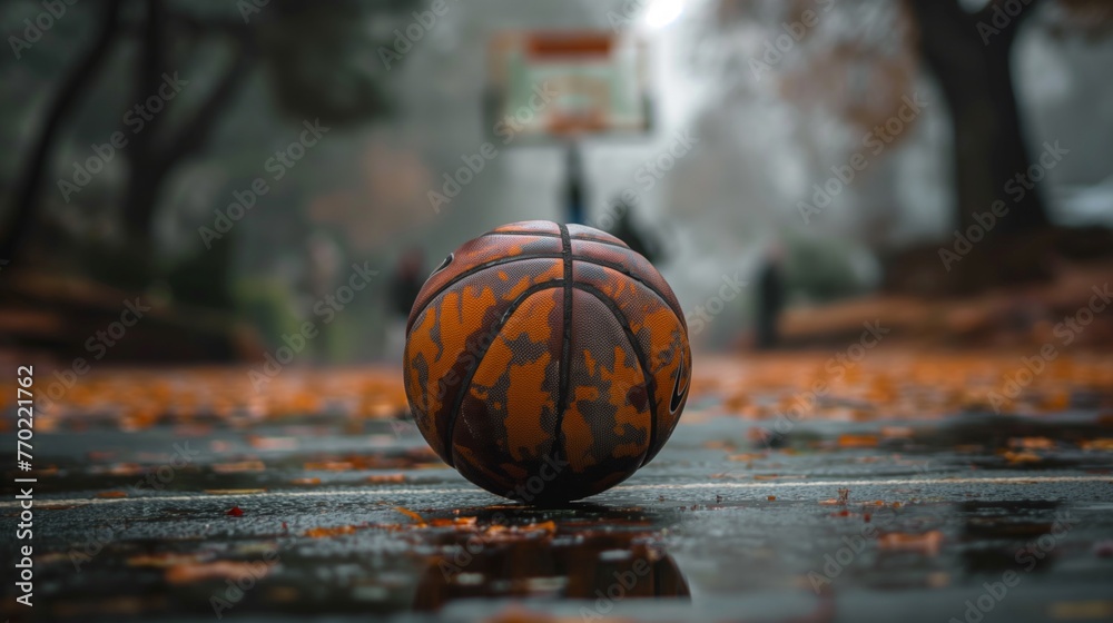 Photo of a worn-out brandless basket ball on a basketball court with wet floor, foggy background Photo of a worn-out brandless basket ball on a basketball court with wet floor, foggy background