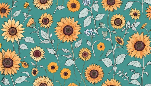 Seamless Pattern of Sunflowers on Green Background  A Spring and Summer Concept