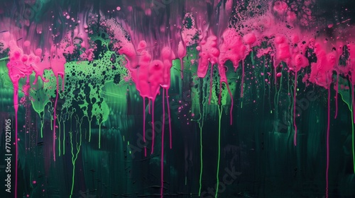 Layers of fluorescent pink and green paint drip and blend together against a dark moody background.