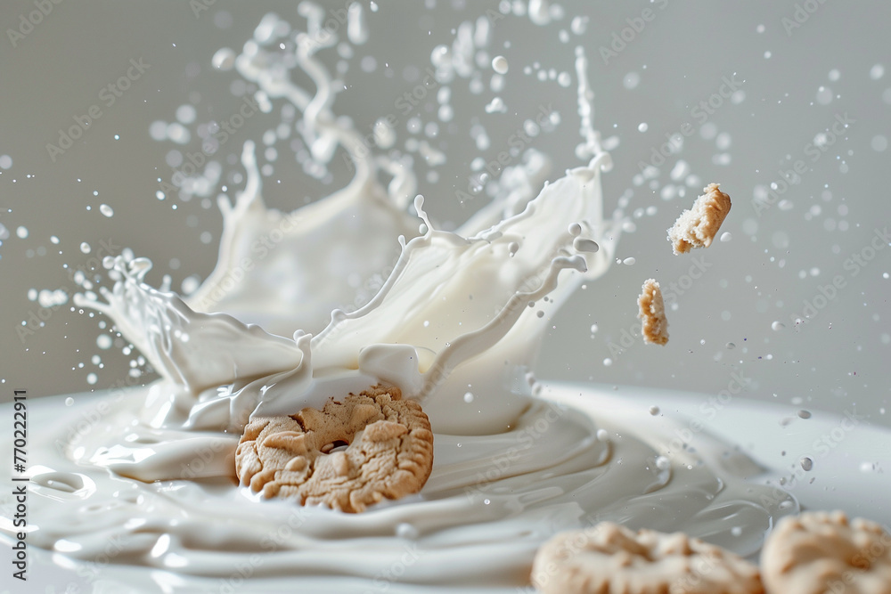 Closeup tasty cookies are splashing in a creamy milk. Cream Milkshake, crazy joyful fun breakfast. Concept of joy of freedom and enjoying wild style of eating Closeup tasty cookies are splashing in a creamy milk. Cream Milkshake, crazy joyful fun breakfast. Concept of joy of freedom and enjoying wild style of eating