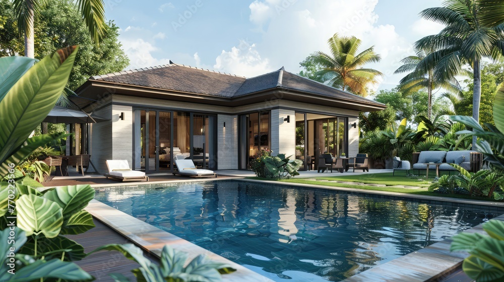 Fototapeta premium Home or house Exterior design showing tropical pool villa with greenery Suburban house exterior garden,Luxury swimming pool shining with sunlight in a modern house with a green garden under blue sky 