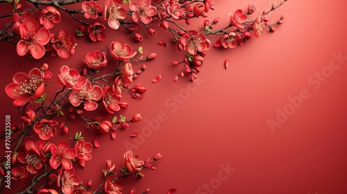 A branch of a blossoming tree with red flowers on a red background . Spring background