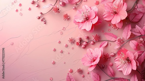 Cherry blossoms and buds on a pink background