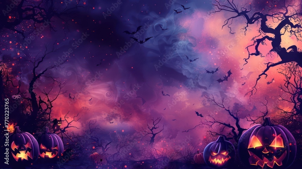 a spooky forest with jack-o-lanterns and bats flying through the air