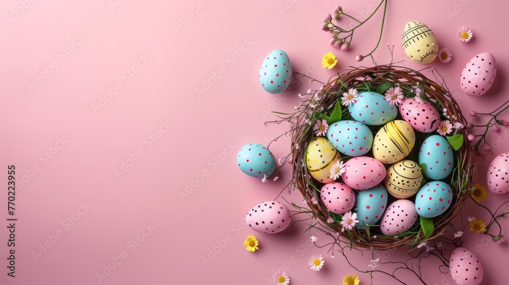 A nest filled with colorfully painted Easter eggs sits on a pink background