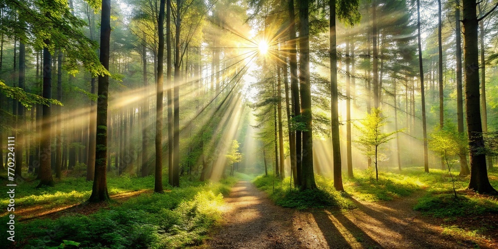 Fototapeta premium Sun beams in an spring morning forest