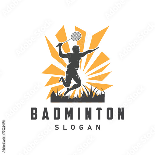 Badminton logo vector black silhouette badminton sport player vintage minimalist racket and shuttlecock design illustration template