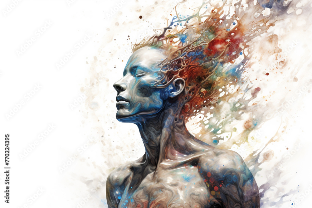 States of mind, meditation, fine-art concept. Minimalist man silhouette portrait and cosmic energy collapsing into him. Wavy surreal pattern texture with muted pastel colors on bright background