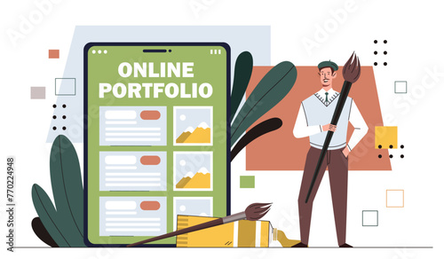 Online artist portfolio concept. Man with paintbrush and hands with pictures at smartphone screen. Creativity and art objects. Graphic designer and freelancer. Cartoon flat vector illustration