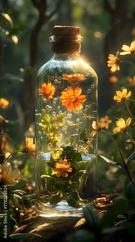 A bottle of perfume, tropical , volumetric lighting, Flowers, petals, grass, plants, leaves, vine entanglements, water droplets, forests, ray tracing A bottle of perfume, tropical , volumetric lighting, Flowers, petals, grass, plants, leaves, vine entanglements, water droplets, forests, ray tracing