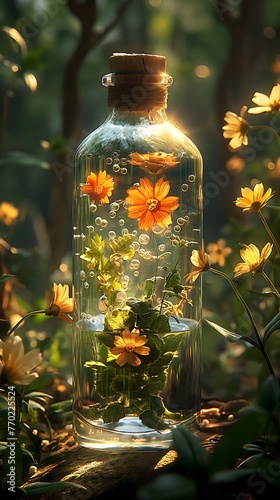 A bottle of perfume  tropical   volumetric lighting  Flowers  petals  grass  plants  leaves  vine entanglements  water droplets  forests  ray tracing