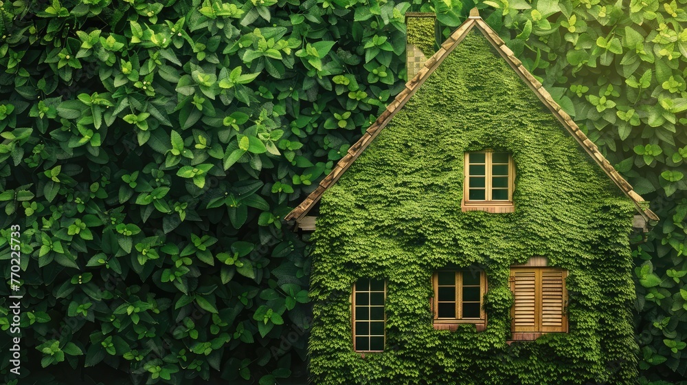 Green plants cover a house against a green background,A wooden eco friendly home is situated in a green environment on grass.Miniature house on green moss with bokeh background, real estate concept
