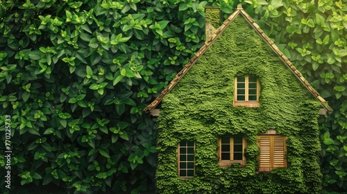 Green plants cover a house against a green background,A wooden eco friendly home is situated in a green environment on grass.Miniature house on green moss with bokeh background, real estate concept 