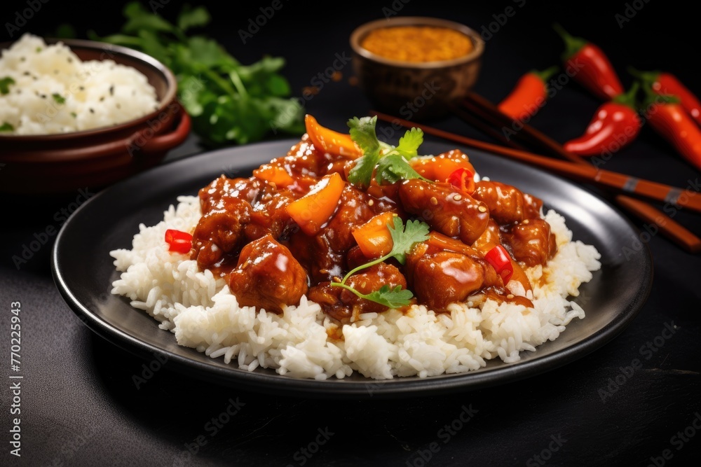 Sweet and sour pork with rice, Chinese cuisine Sweet and sour pork with rice, Chinese cuisine