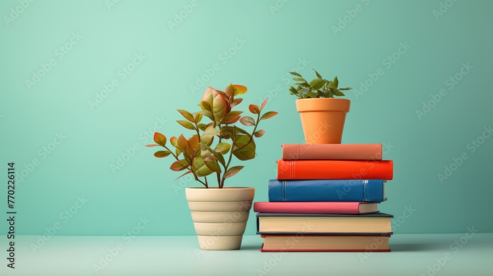 Stack of colorful school books on a wooden desk along with a potted plant, back to school 