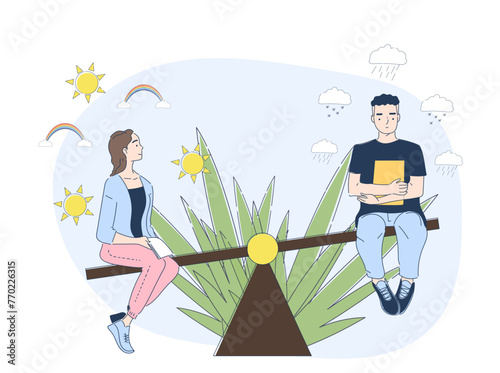 People with mood swings simple. Man and woman sitting with book. Mental problems and psychological disorders. Optimist and pessmist. Doodle flat vector illustration isolated on white background