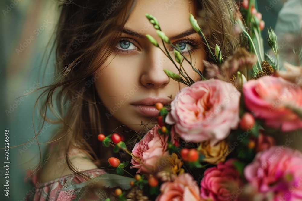 Beautiful young girl with flowers, close-up