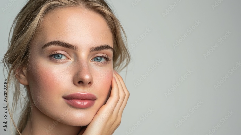 Soft portrait of a woman with light hair and a gentle smile, touching her face and looking pensive Soft portrait of a woman with light hair and a gentle smile, touching her face and looking pensive
