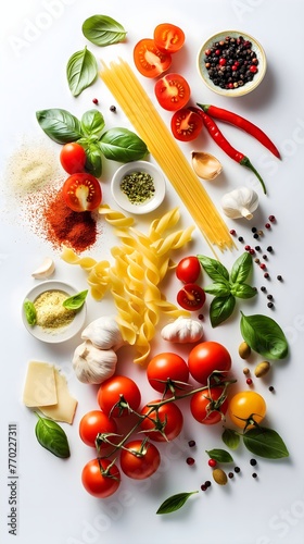 A flat lay of Italian food, pasta, fresh herbs, tomatoes, olives, Clean sharp focus, isolated on white background