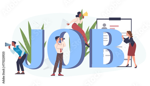 Job hiring people concept. Men and women with big blue letters. Headhunting and recruiting. Employment for jobless workers. Cartoon flat vector illustration isolated on white background