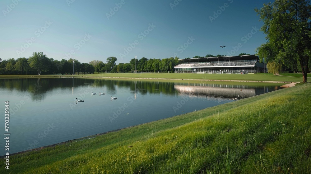 An outdoor stadium with a natural grass field situated on the edge of a serene lake with swans gliding by.
