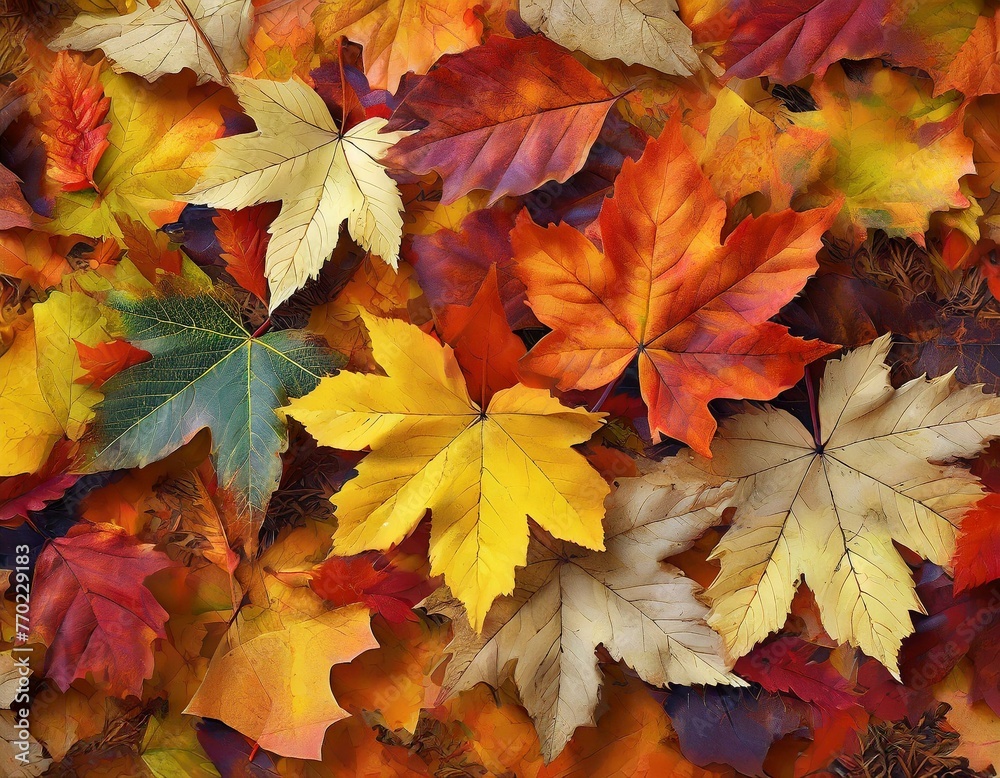 Autumn leaves in various shapes and colors on the ground
