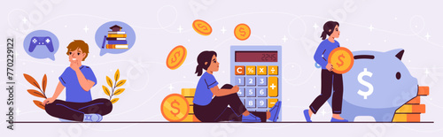 Kids learning financial skills set. Boy and girl with golden coins, piggy bank and calculator. Children budget and savings. Cartoon flat vector collection isolated on white background