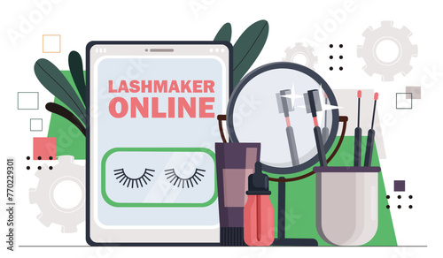Lashmaker online concept. Eyebrow eyedropper and mascara. Beauty, elegance and aesthetics. Make up and cosmetics products. Beauty stylist equipment. Cartoon flat vector illustration